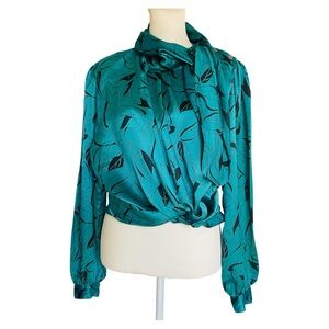 Teal Leaf Print Tie-Neck Blouse - Satin Finish